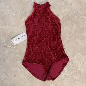 Yumiko Sarah leotard in Dark Red Velvet and N-Scarlet trim in Size M. Bust panel